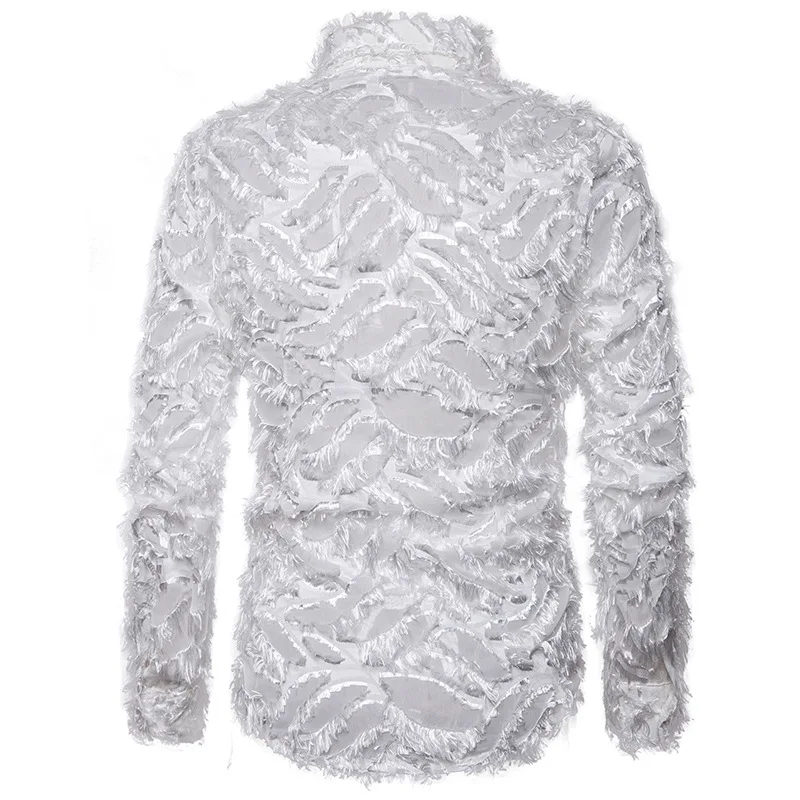Mattswag New Fashion See Through Feather Shirt Sexy Lace Long Sleeve Nightclub Party Stage Shirts Slim Fit Stylish Camisa Hombre