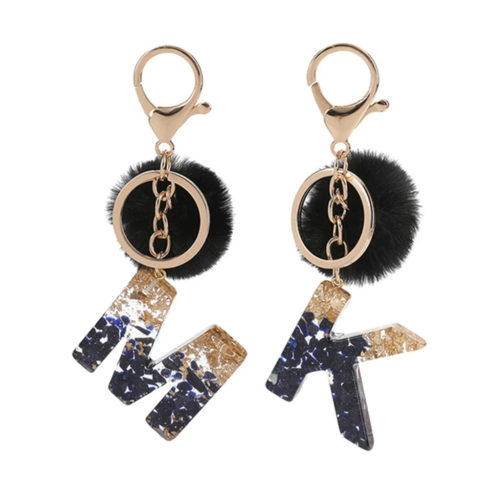 Gold Foil Black Stone Filled Letter Keychain With Pompom Women Glitter Gradient Resin Initials Alphabet Keyring Bag Pendant Gift