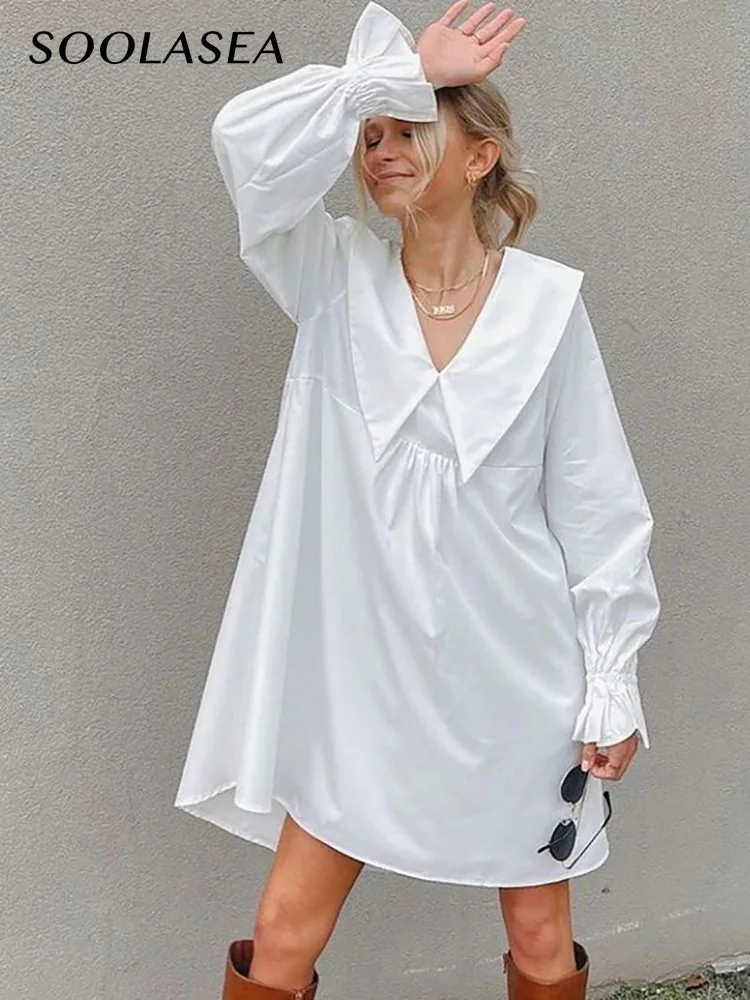 

Soolasea Spring Peter Pan Collar Long Flare Sleeve Women Summer Dress Chic Elegant Beach Sundress Mini Sexy V-neck Mujer Vestido
