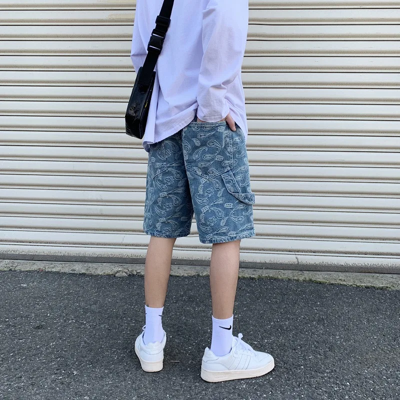Summer Ins Cashew Flower Print Loose Denim Shorts Men's Korean Fashion Hip-hop Bf Five-point Thin Casual Denim Jeans Streetwear