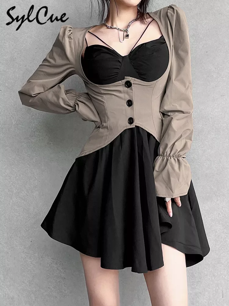 

Sylcue Simple Design Sense Flared Sleeve Top With Youth Gentle Light Color Sling Pleated Skirt Women's Two-Piece Suit