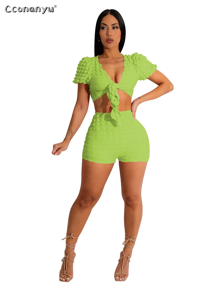 

Summer Two Pieces Set Casual Lace-up Short Sleeve Crop Top Shorts Pants Suit High Waist Casual Sexy Women Festival Outfits 2023