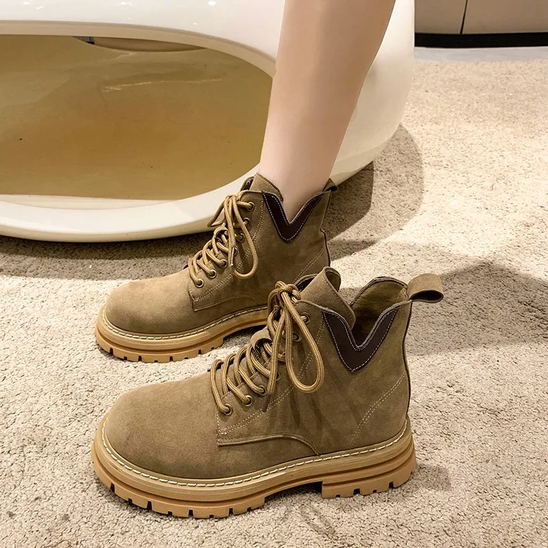 

Женские ботинки со шнуровкой, на плоской подошве, с круглым носком