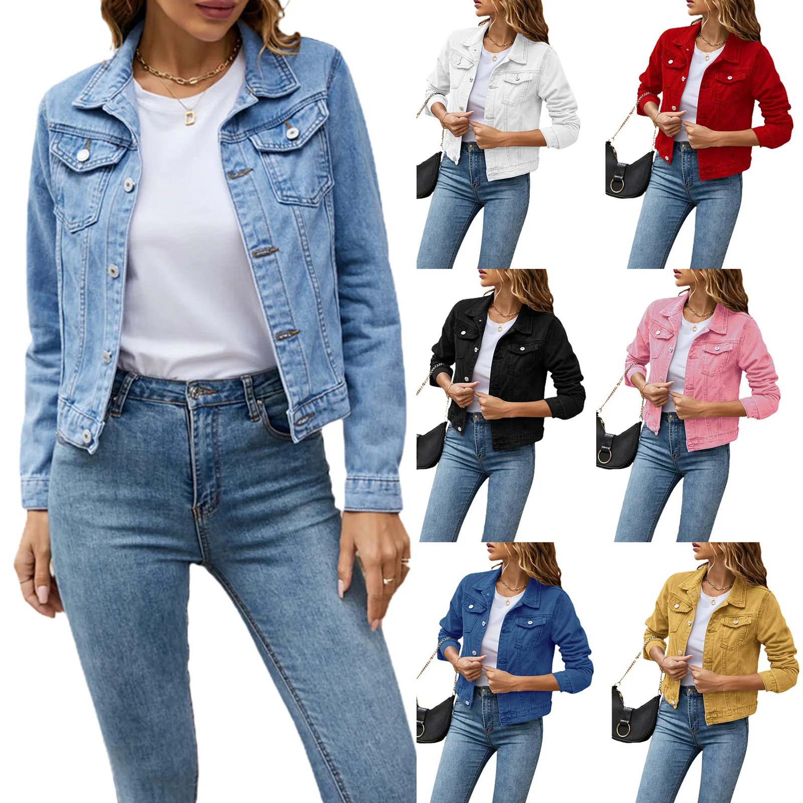 

Women's Denim Jackets Fashion Female Casual Long Sleeve Lapel Solid Button Down Chest Pocket Slim Jean Jacket Fall Winter Coat