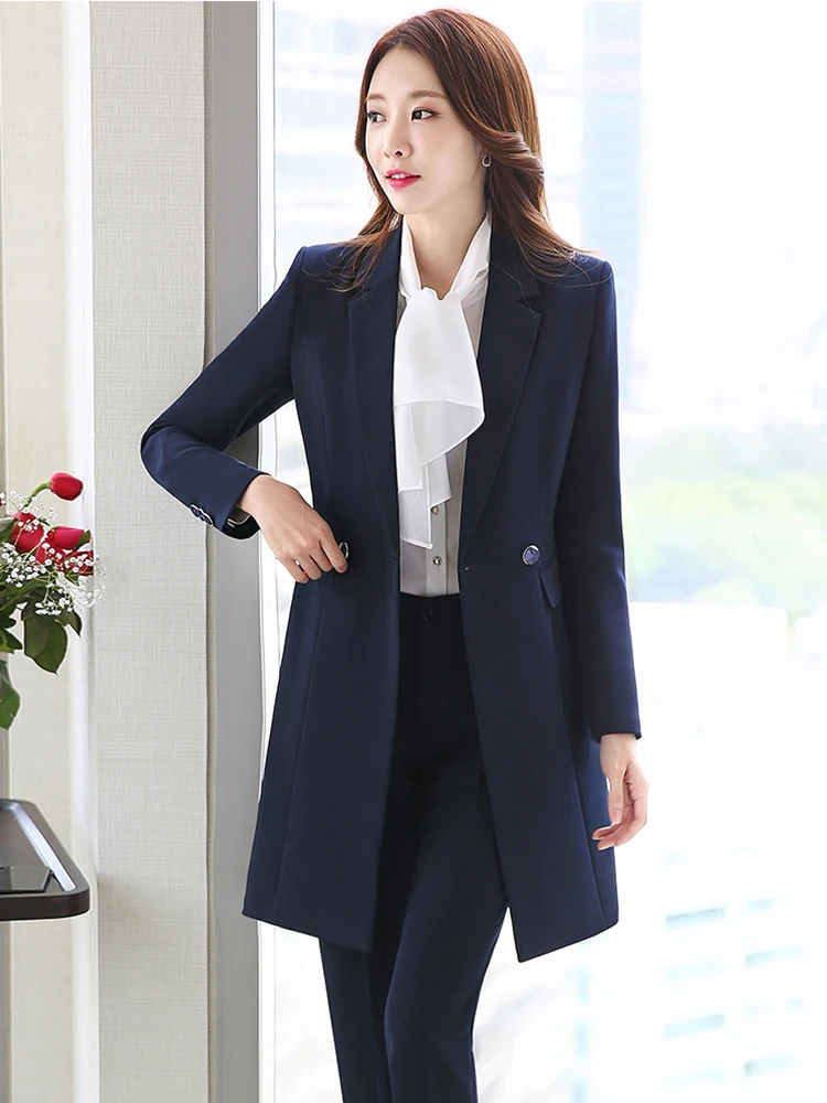 Women Pant Suit Work Business Wear Wine Blue Black Slim Waist Long Blazer Set Elegant Jacket and Trouser 2 Pieces