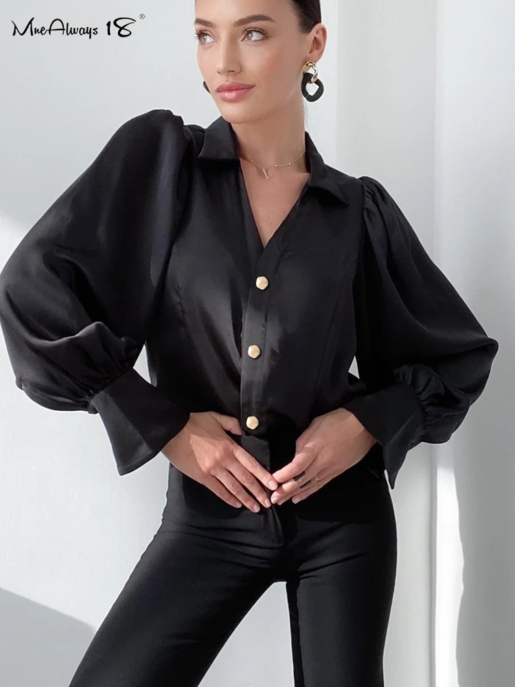 

Mnealways18 женские блузки с рукавами-фонариками шикарные плиссированные элегантные женские черные рубашки на пуговицах для офиса женские весе...