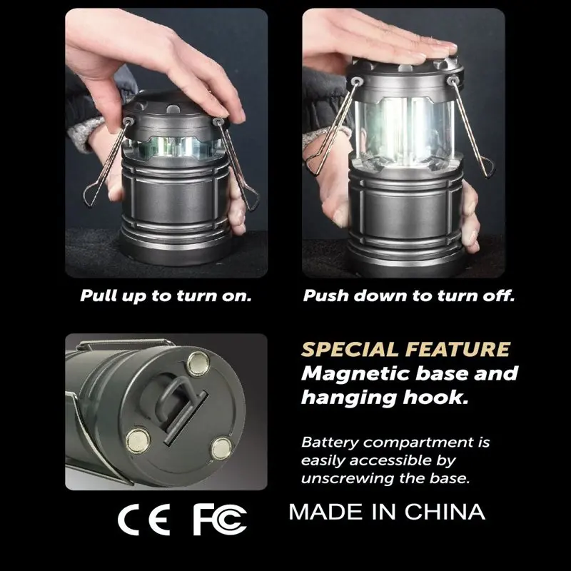 

COB Super Bright Battery Powered LED Camping Lanterns Collapsible Flashlight Portable Emergency Supplies Kit, Black Pack of Camp