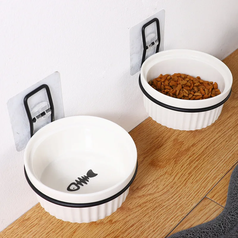 

2 Set Fish Paw Pattern Cat Ceramic Bowls with Iron Stand Solid Colour Glaze Bracket Wall Mounted Cat Treats Feeder Pet Bowl