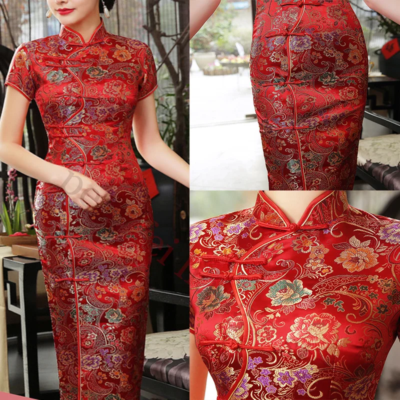 PLUS SIZE парчовый атлас QipaoChinese Oriental Bride Свадебные платья Lady Vintage с воротником-стойкой