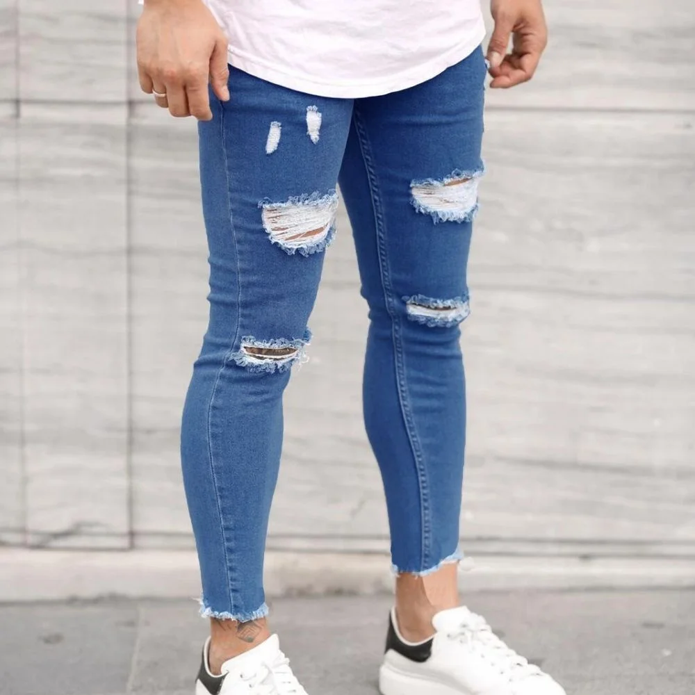 

Men's Jeans Stretch Ripped Biker Jeans Slim Fit Hem Raw Casual Jeans Scratch High Quality Jeans 2 Colors Available