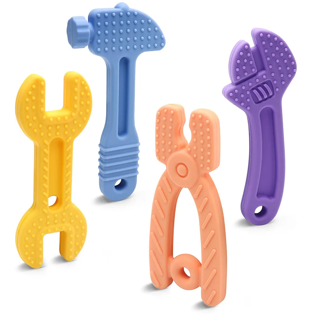 

4Pcs Baby Teething Toys Chew for 0 to 12 Months Silicone Teether BPA Free Hammer Wrench Spanner Pliers Shape Newborn Accessories