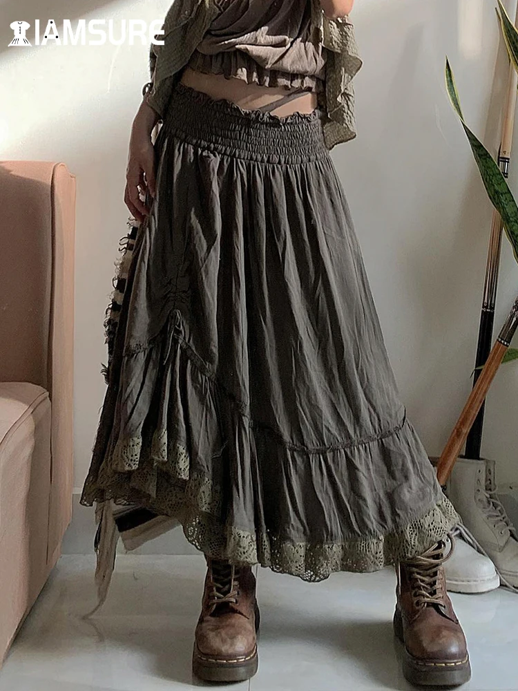 

IAMSURE Grunge Fairycore Vintage Lace Trim Maxi Skirts Casual High Waisted A-Line Pleated Skirts Women 2023 Summer Spring Ladies