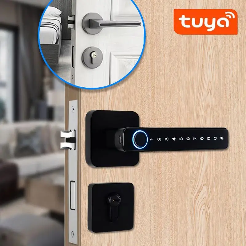 Kingku Smart Door Handle with Fingerprint Password Remotely Unlock，Digital Lock Tuya App，Keyless Entry for Interior Doors |