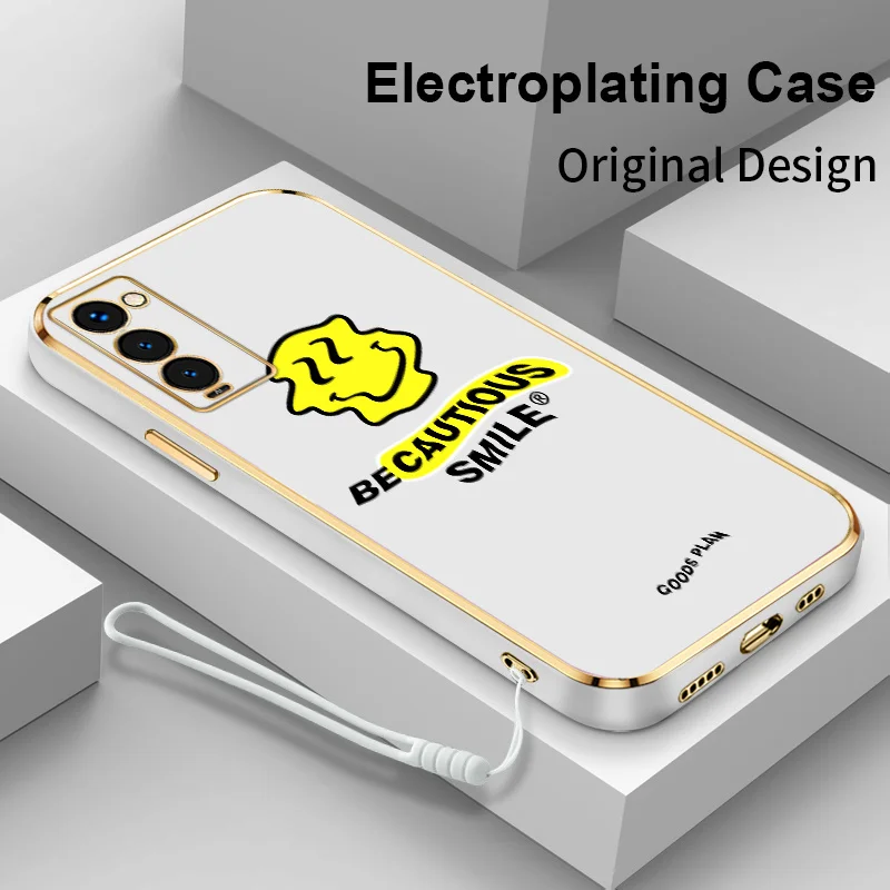 

English Smiley Face Square Plating Back Cover Case for Tecno Camon 18 18P 18T 19 Neo 19 Pro Pova Neo 2 Pova 2 3 4 Pro Camera