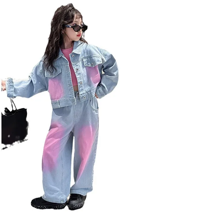 Джинсовый костюм для девочек-подростков корейский Костюм контрастной расцветки