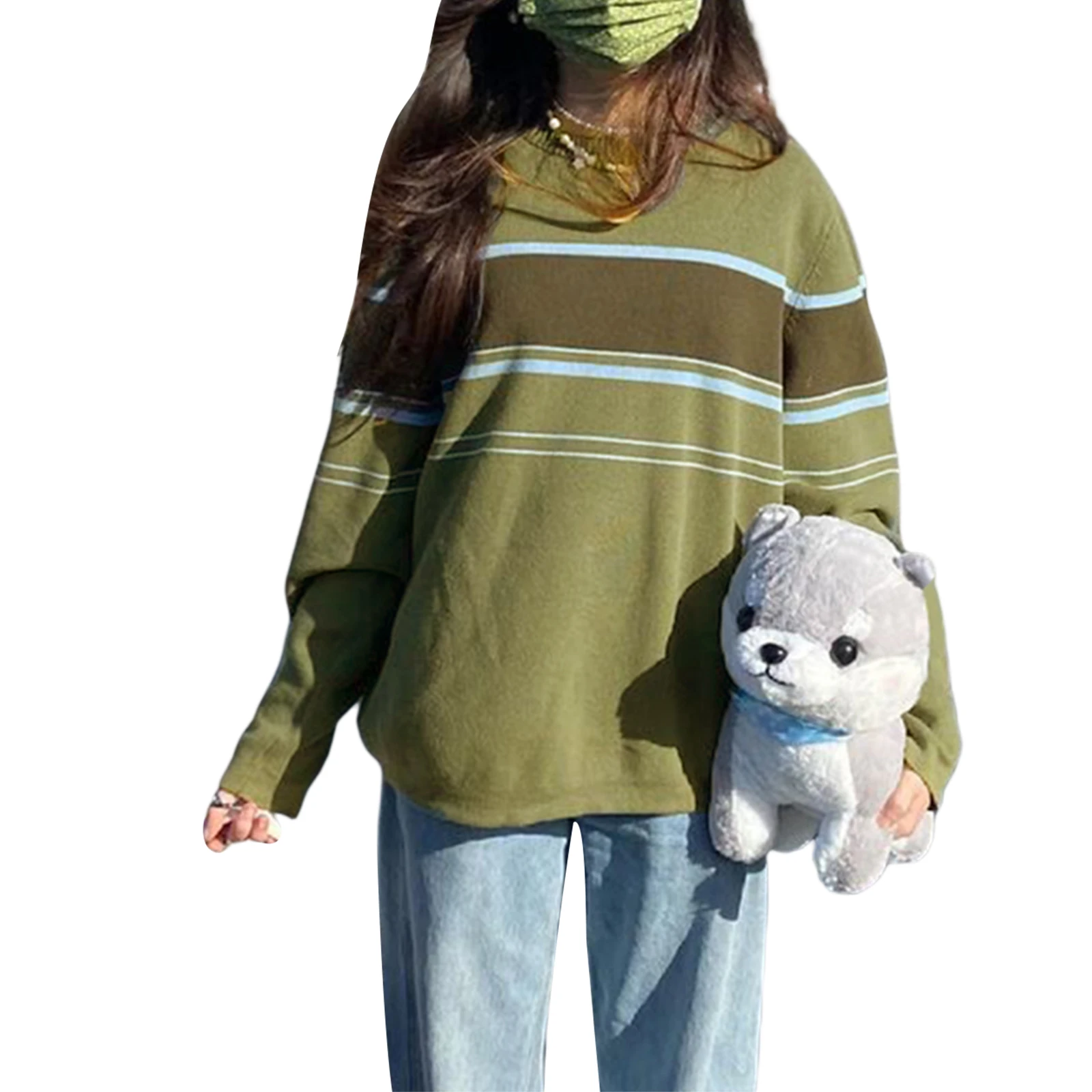 

Fashion Women Striped Sweater Long Sleeve Round Neck Elastic Warm Casual Party Street Tops Pullovers
