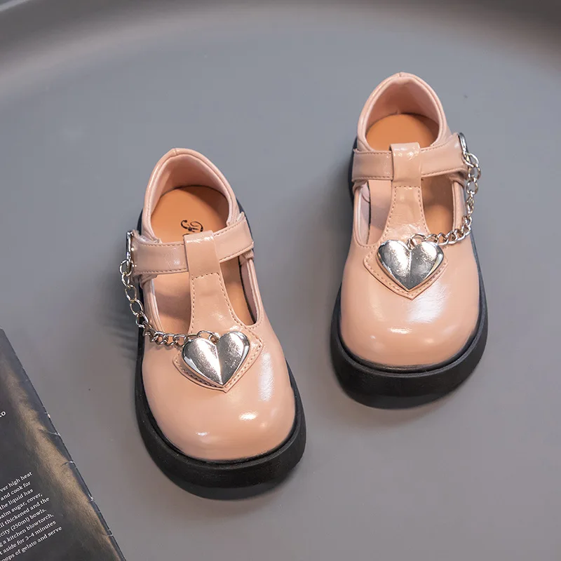 Girl's Autumn Mary Janes Metal Chain Love Shape Children Leather Shoes Stylish 26-36 Punk Style Solid Color School Kids Shoes enlarge
