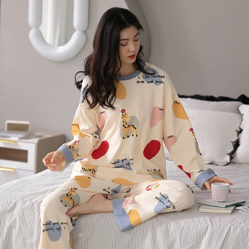 

Pajamas Long Pieces Pijama Pants Sleepwear Women O-neck Cotton Soft Shirt Homewear Set Female 100% Women's Sleeve Suit Pyjama 2