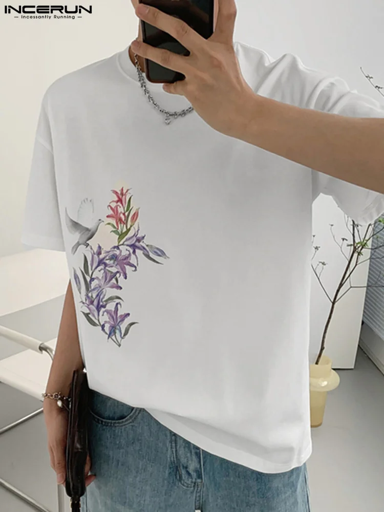 

INCERUN Tops 2022Korean Style New Men Flower Printing O-Neck Fashion Streetwear Male Hot Sale Simple Short Sleeve T-shirts S-5XL