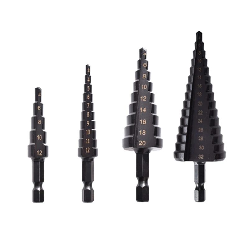 

Hot HG-4Pcs HSS Step Drill Bit Set Pagoda Straight Groove Step Cone Drill Bit Drilling Power Tool Wood Metal Hole Cutter