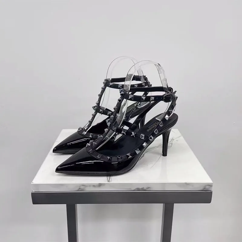 Summer Women's Gladiator Sandals Pumps 2023 Ankle Strap Fashion Patent Leather Luxury Rivet High Heels Designer Women's Shoes 41