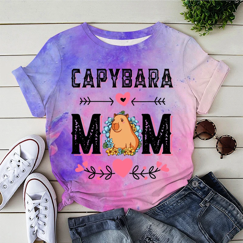 

Animal Carton Graphic T Shirts Capybara Mama Kawaii Clothes Grunge Y2k Top Women Ulzzang Kpop Tie-dye T-shirt Fashion O-neck Tee