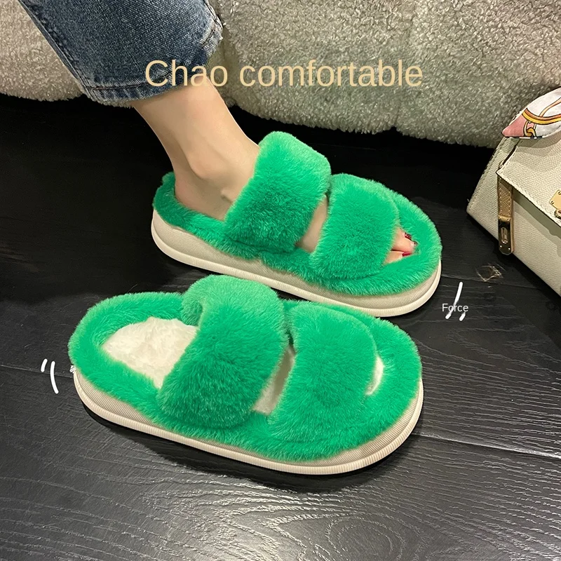 

Женские меховые шлепанцы, теплые зимние сандалии на плоской подошве, пушистые, домашняя обувь