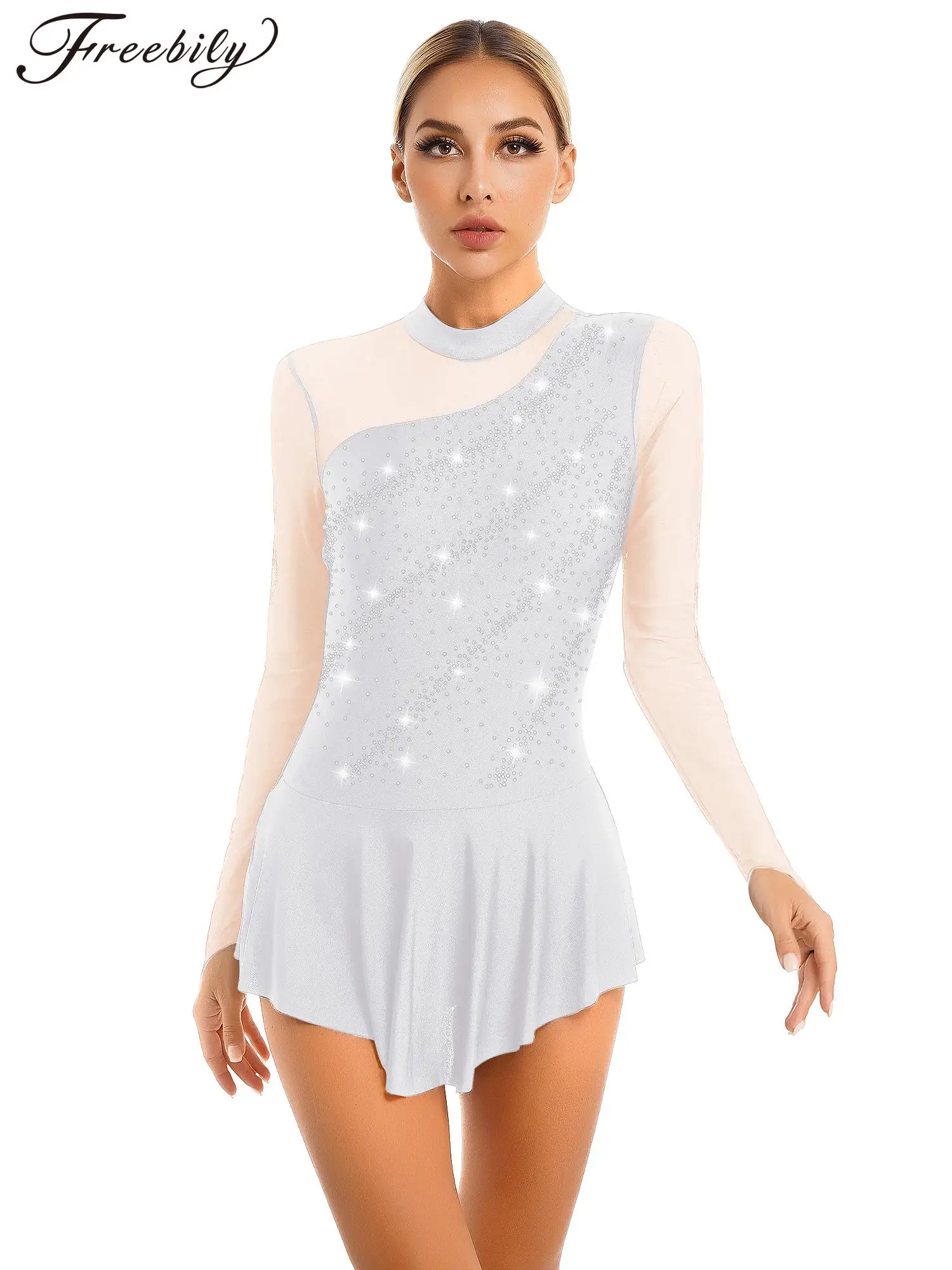 

Womens Long Sleeve Skating Dance Leotard Dress with Glitter Rhinestone Sheer Mesh Patchwork Dancewear with Back Keyhole Jumpsuit