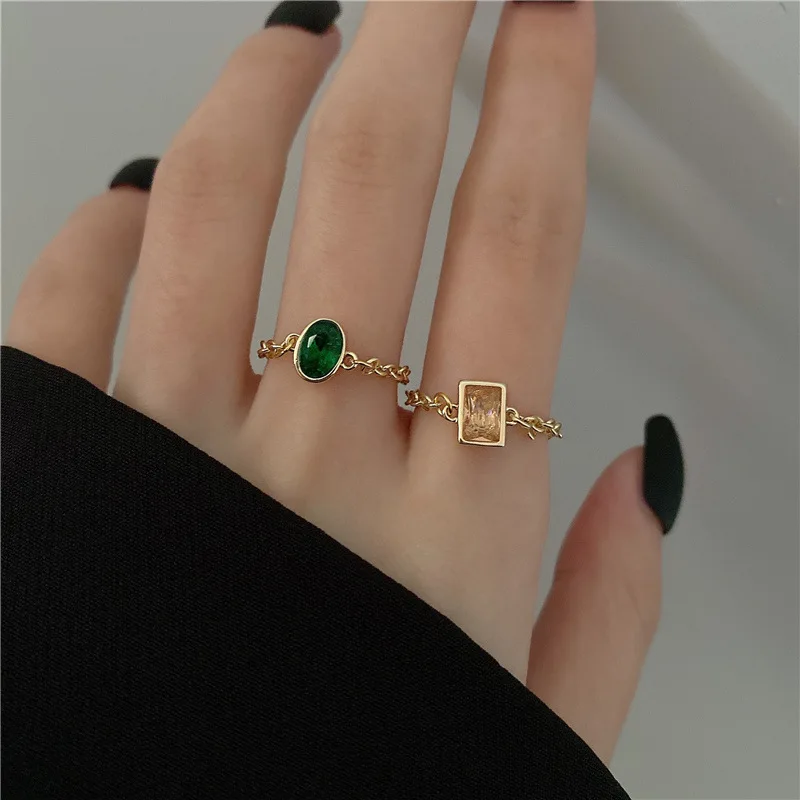 

Minar Minimalist Vintage Oval Rectangle Green Color CZ Stone Rings for Women Gold Color Linked Chain Ring Everyday Accessories