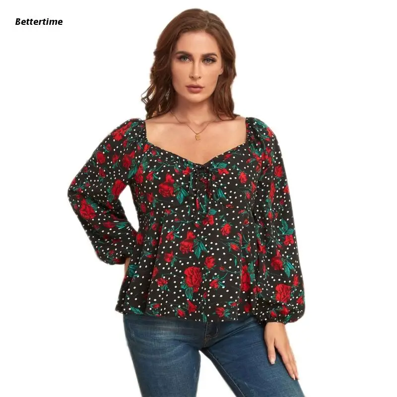 

B36D Women's Sweetheart Neck Shirt Long Sleeves Blouse Plus Size Shirt Top for Autumn