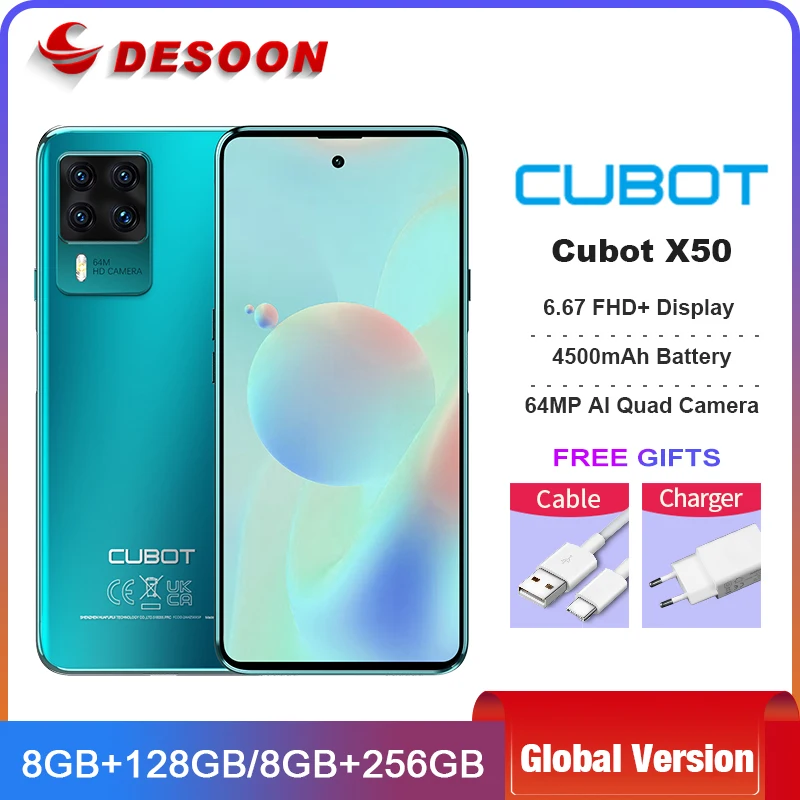 Cubot X50 8GB+128GB Smartphone NFC 64MP Quad Camera 32MP Selfie 4500mAh Cellphone 6.67