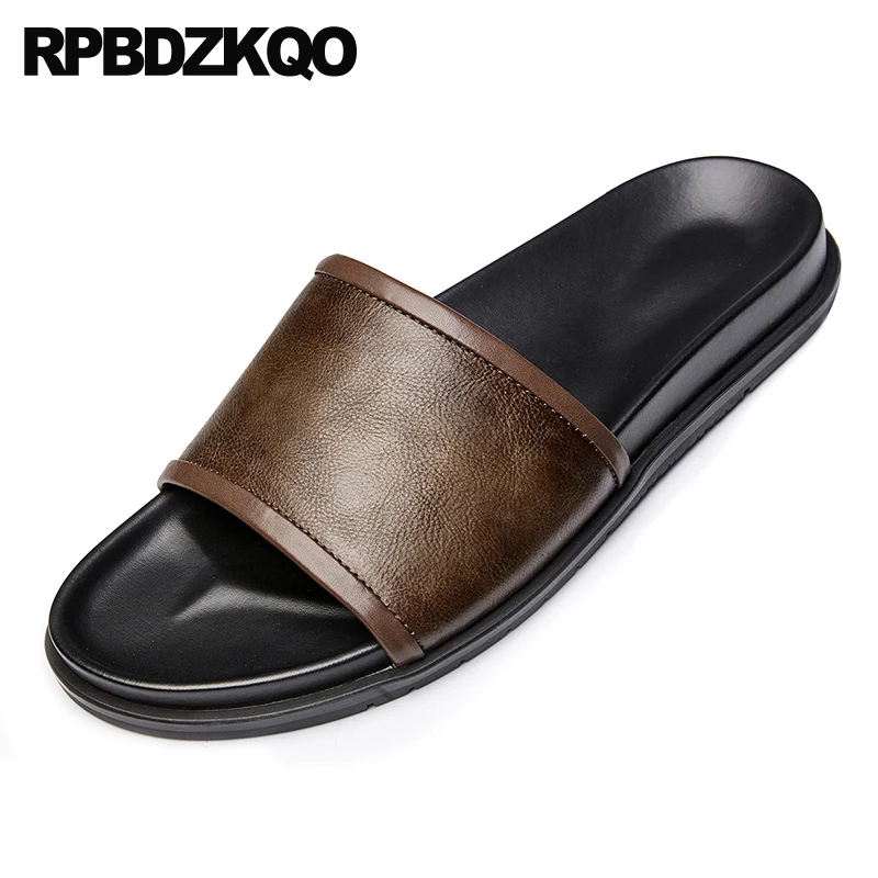 

Шлепанцы женские с открытым носком, однотонные коричневые сандалии на плоской подошве, кожаные однотонные, Нескользящие, без каблука, 45 отд...