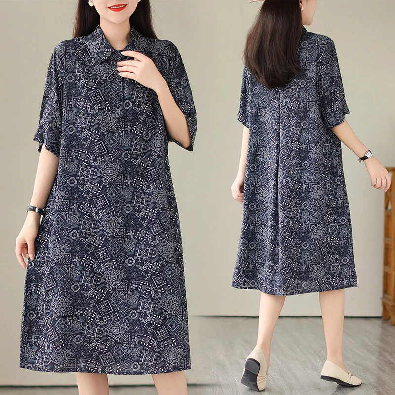 #6775 Летнее льняное платье-рубашка с принтом воротник-поло винтажное платье миди