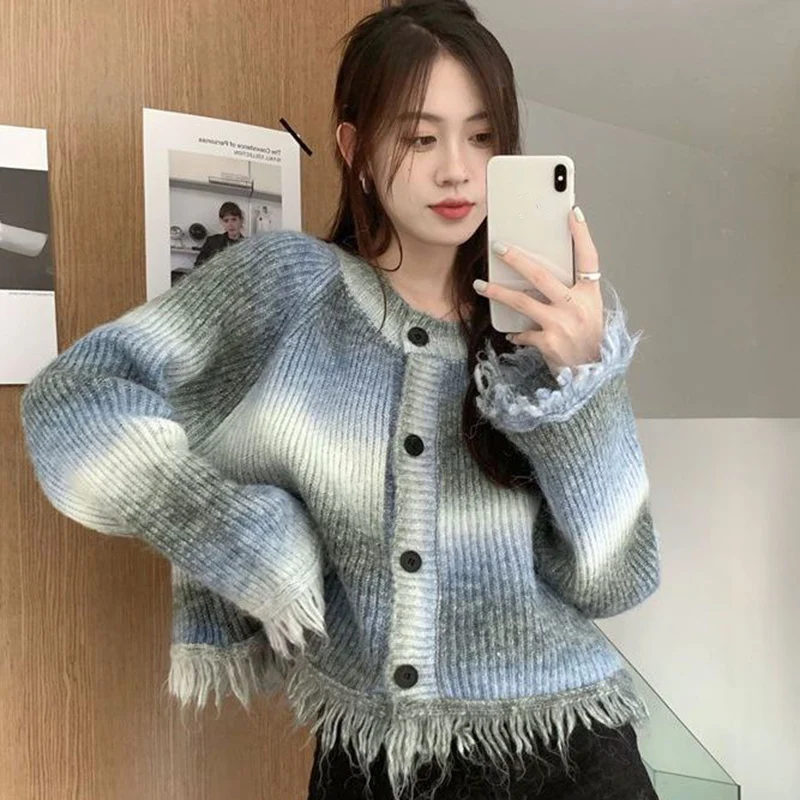 

Tassel Decor Cropped Knitted Cardigans Women 2023 Autumn Rainbow Color Cardigan Sweaters Woman Korean Single-Breasted Knit Cotas
