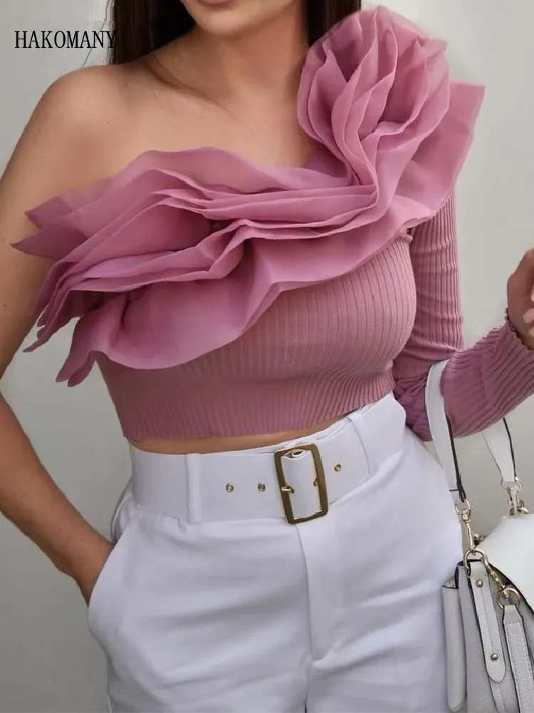 

2022 Stylish One Shoulder Slim Knitwear Jumper Black Sexy Knitted Pink Spliced Organza 3D Flower Single Sleeve Sweater