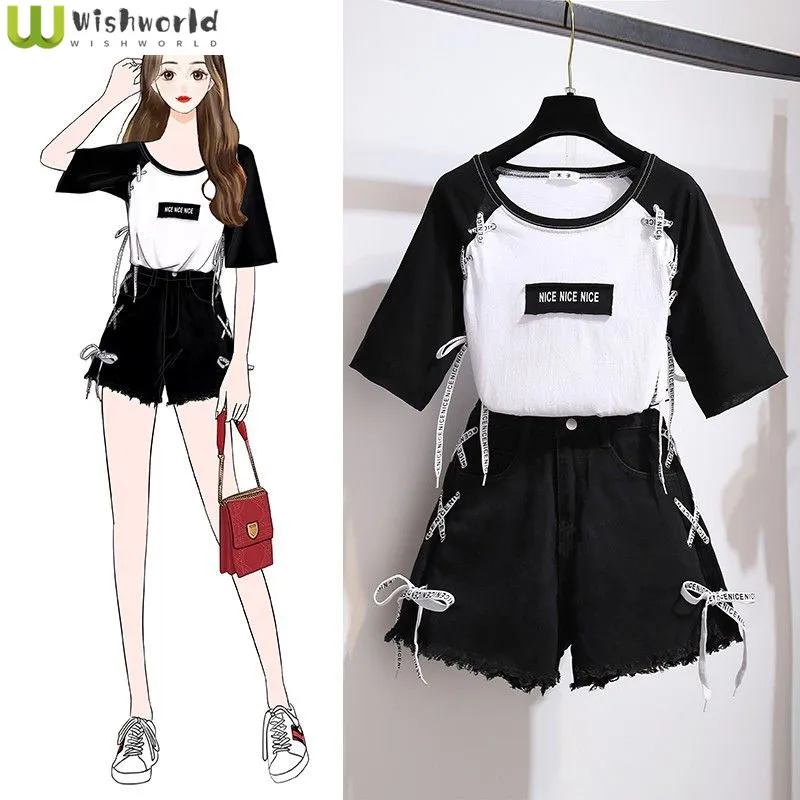 

Korean Style Bandage Splicing Short-sleeved T-shirt Fringed Shorts Two-piece Elegant Women's Pants Set Summer Outfits for 2023