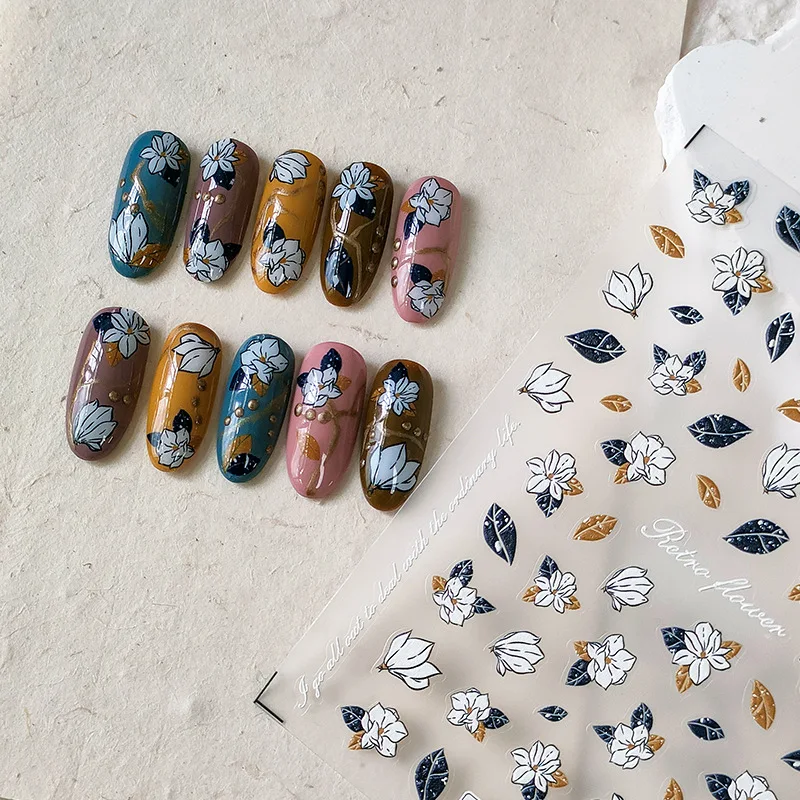 

2D/5D Realistic Relief Retro Colored Leaf White Flowers Adheisve Nail Art Stickers Decals Manicure Ornaments Accessories