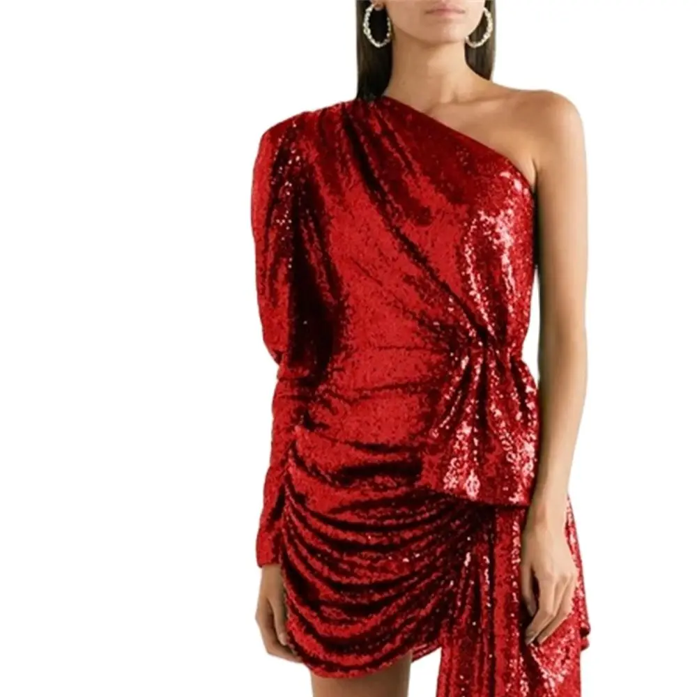 Women Sexy Mini Dress Fashion Sequins One Shoulder Long Sleeve Club Party Dress Bodycon Bandage Homecoming Cocktail Dresses