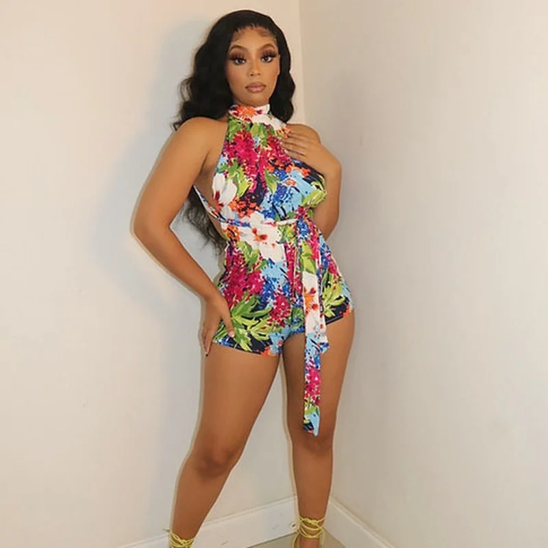 

WUHE короткий комбинезон с цветочным принтом, женский сексуальный бандажный Летний комбинезон на шнуровке с открытой спиной, пляжный комбине...