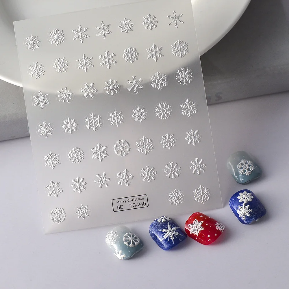 

New White Series Embossed Nail Art Sticker 5D Christmas Snowflakes Pattern Design Decor Ultra Thin Charm Sliders Manicure Decal