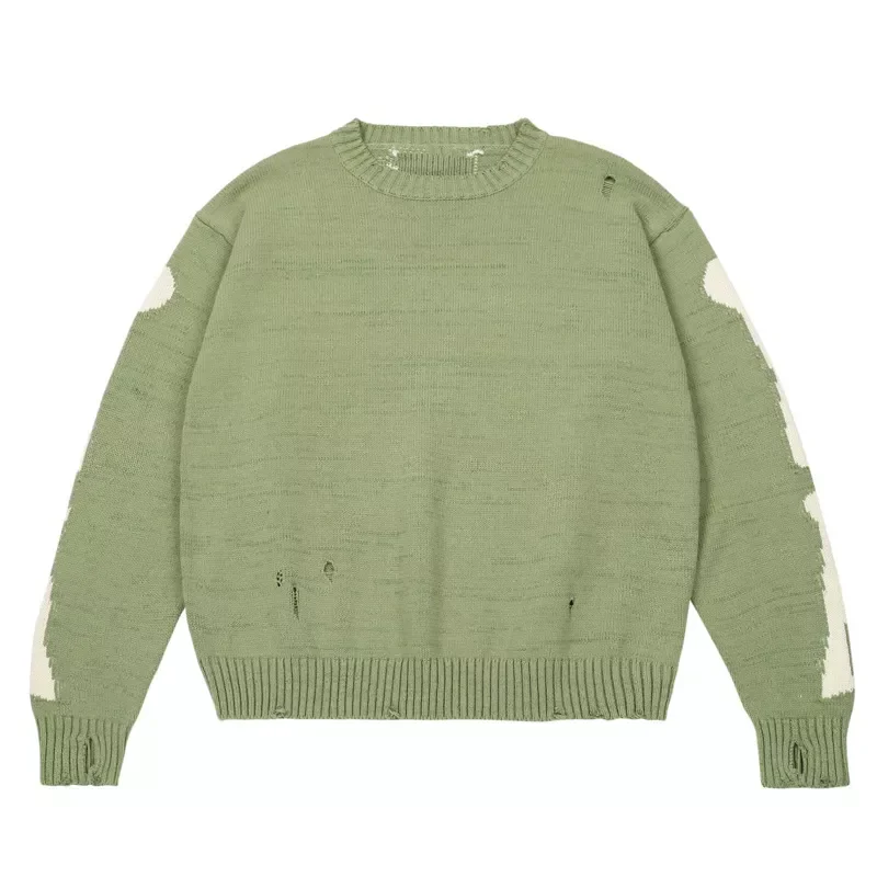 Sweater Green Loose Skeleton Bone Printing Woman High Quality High Street Damage Hole Vintage 1:1 Knitted Sweater