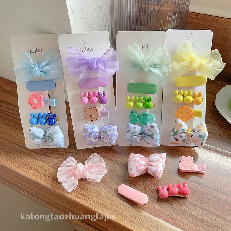 

Summer 5PCS Set Solid Color Mesh Bow Cartoon Rabbit Smile Face Hair Clips For Girl Kids Cute Kawaii Fairy Hairpin Accessories