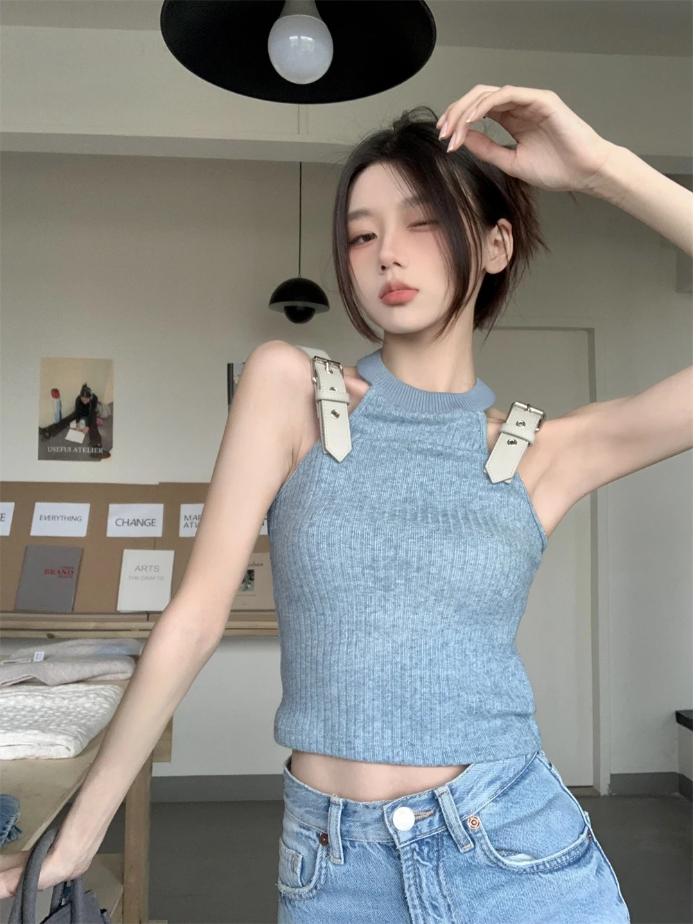 Пикантный женский топ без рисунка Desire Sle Gyaru с подвесным воротником новая летняя