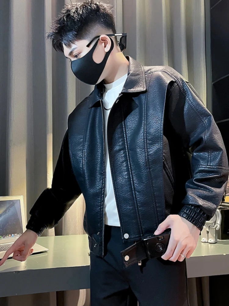 Мотоциклетное кожаное пальто кофейного цвета верхняя одежда мужская