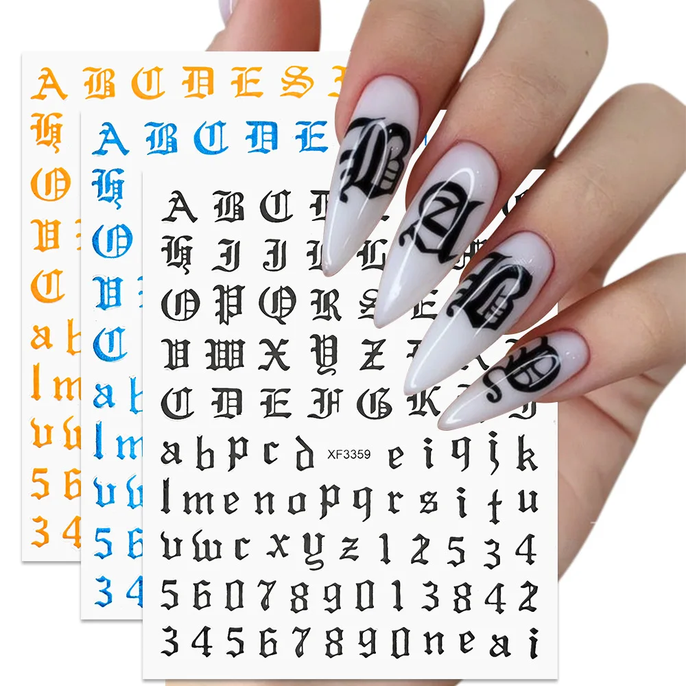 

Goth ABC Letter Decals Nail Art Stickers English Old Font Black Number Tattoo Nail Design Water Sliders Manicure Wraps Nails