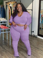 plus size women two piece set long sleeve ribbed shirt and pant female casual fashion outfits 2022 sexy v neck tracksuit