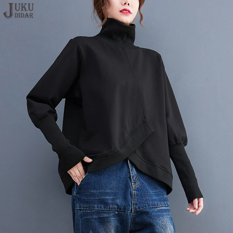 

Solid Black Turtleneck Elastic-Sleeve New Autumn Japanese Style Pullovers Sweatshirt Casual Loose Fit Large Sweatshirt JSWS003