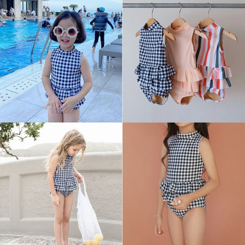 

UPF50+ 2022 New Summer Girls Swimwear Sets Brand Design Kids Cute Plaid Sleeveless Swimsuits Baby Toddler Fashion Beach Clothes