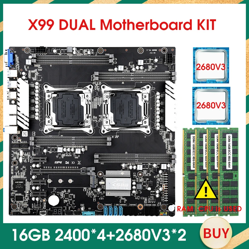 

Комплект материнской платы JINGSHA X99 LGA 2011-3 с 2 шт. E5 2680 V3 и 4*16 ГБ = 64 Гб DDR4 2400 МГц ECC REG RAM