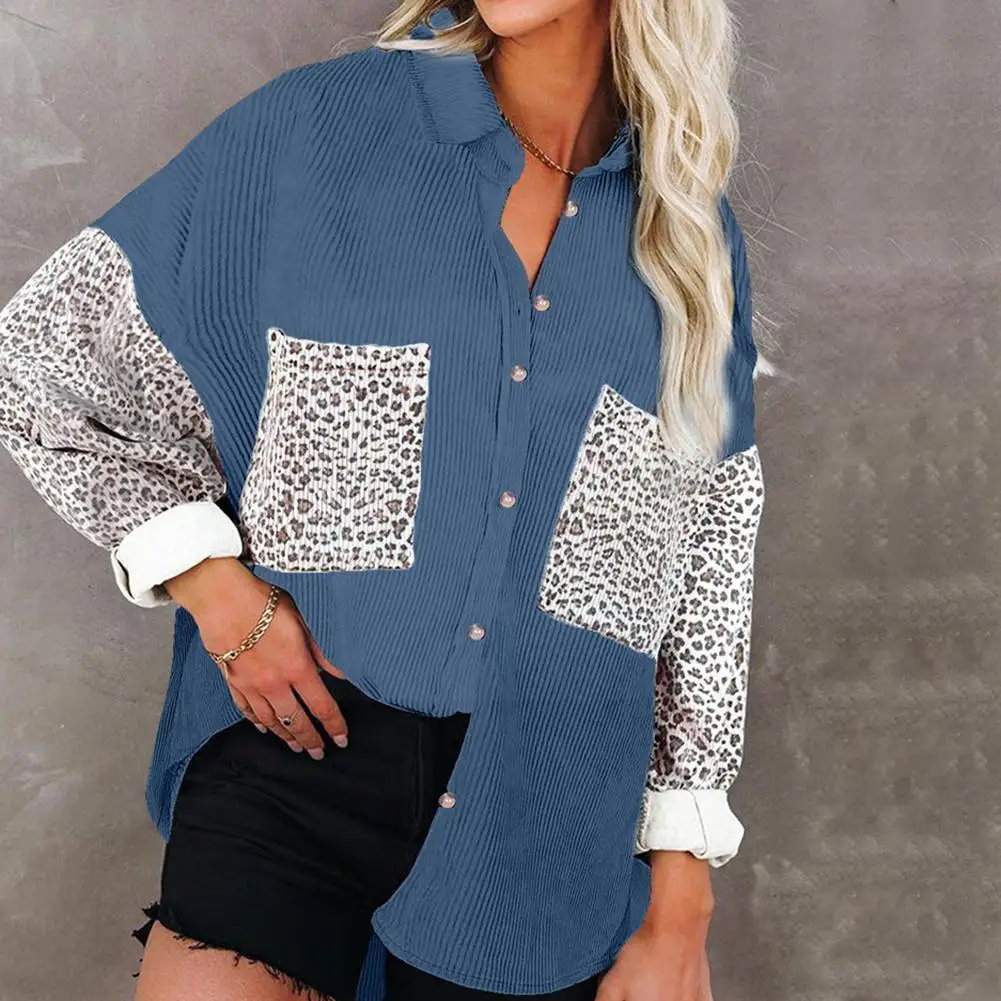 

Женская свободная куртка, Женская осенне-зимняя блузка с отложным воротником и контрастными леопардовыми пуговицами, куртка с воротником, ...